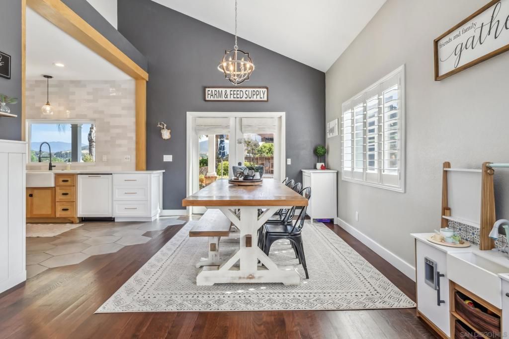 Dining room, Interior, Pendant Lights, Recessed Lighting, Wood Texture Flooring