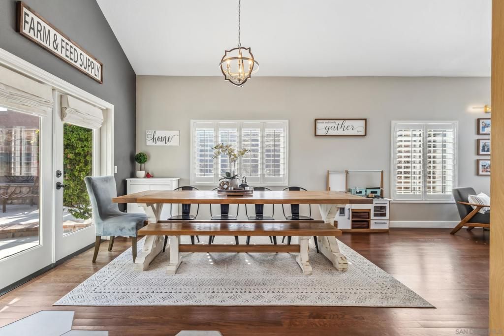Dining room, Interior, Pendant Lights, Wood Texture Flooring