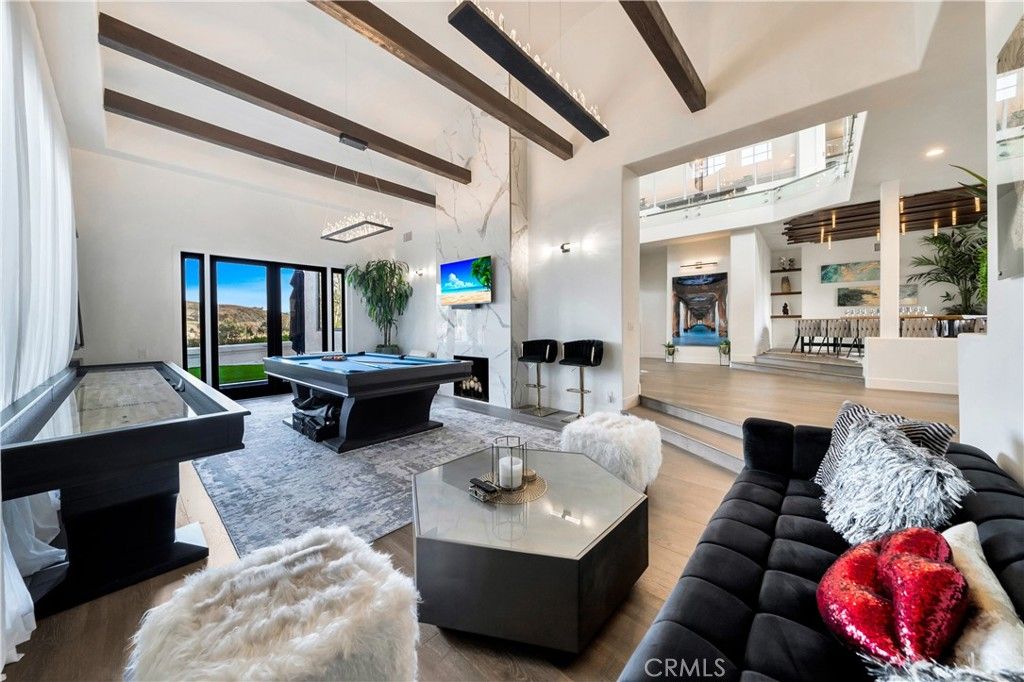 Billiard Table, Game Room, Interior, Living room, Pendant Lights, Recessed Lighting, Wooden Beams, Wood Texture Flooring