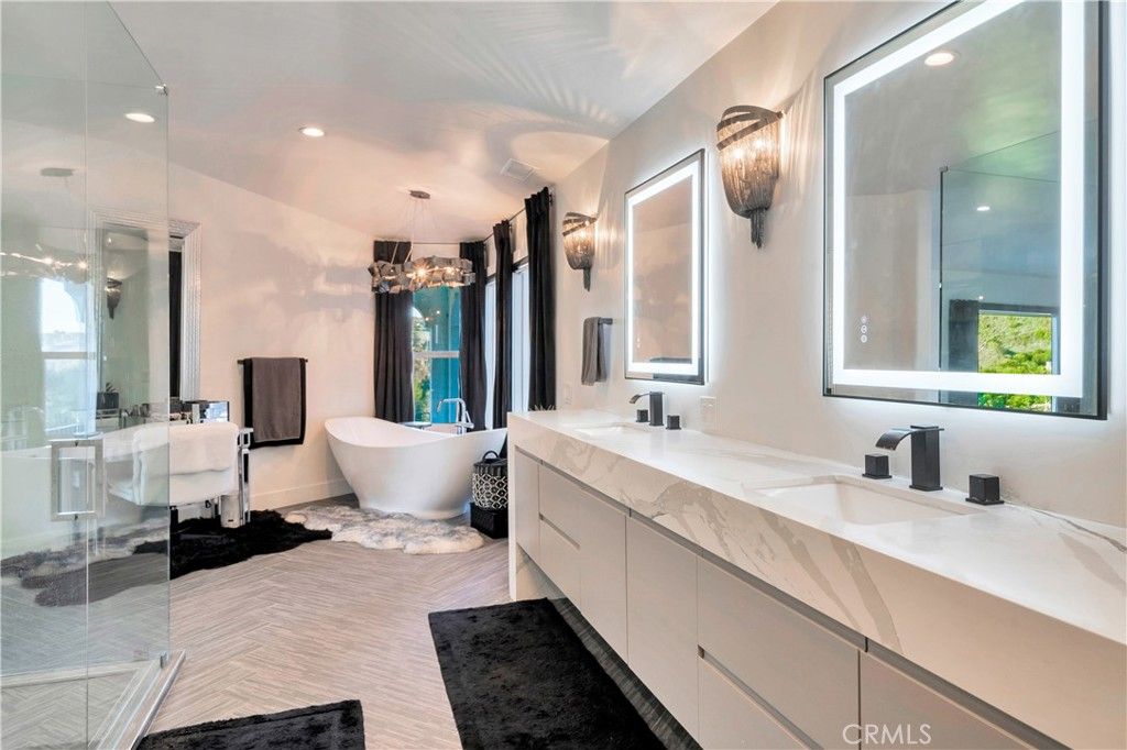 Bathroom, Chandelier, Dual Sink Vanities, Free Standing Baths, Glass Shower, Interior, Pendant Lights, Recessed Lighting