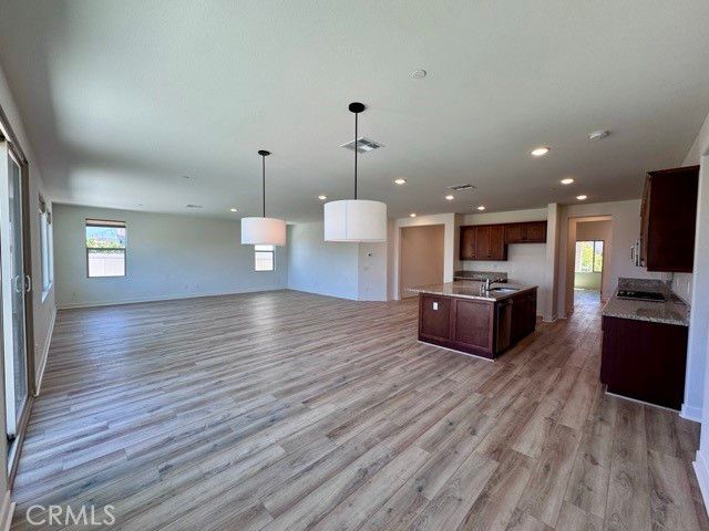 Empty room, Interior, Kitchen, Pendant Lights, Recessed Lighting, Wood Texture Flooring