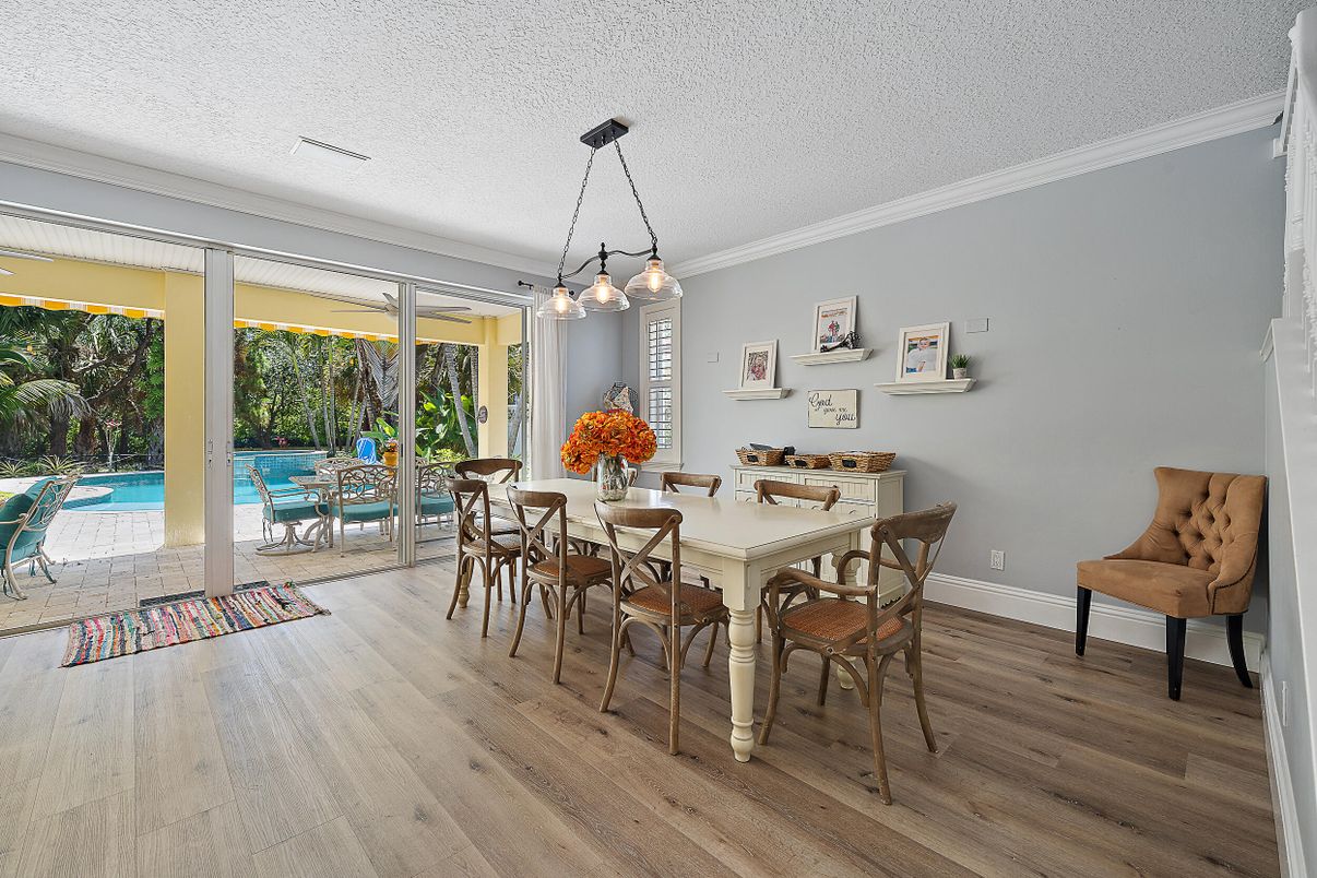 Dining room, Interior, Pendant Lights, Wood Texture Flooring