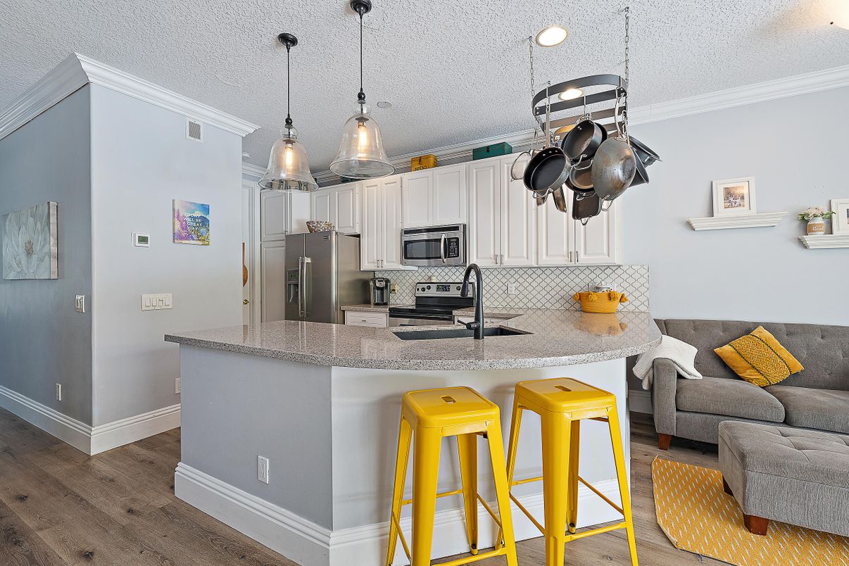 Interior, Kitchen, Pendant Lights, Recessed Lighting, Stainless Steel Appliances, Wood Texture Flooring