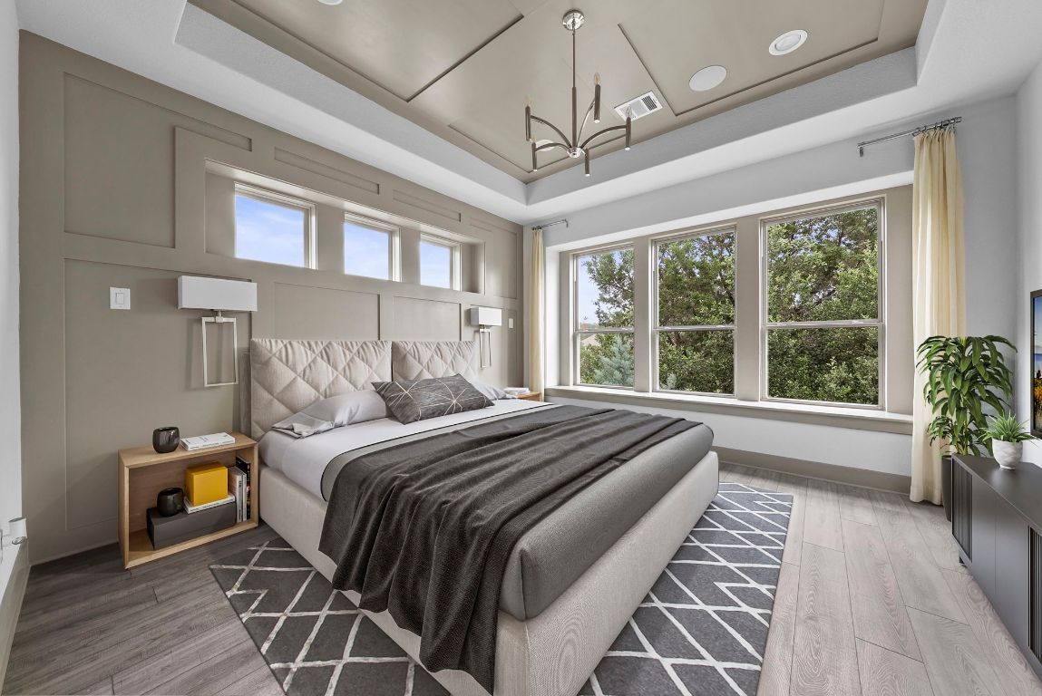 Bedroom, Interior, Pendant Lights, Recessed Lighting, Wood Texture Flooring