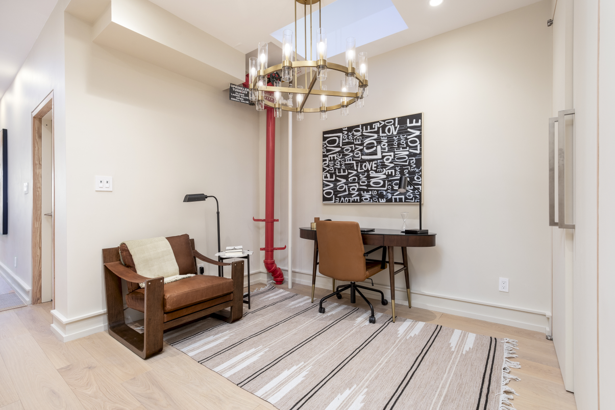Chandelier, Home Office, Interior, Recessed Lighting, Wood Texture Flooring