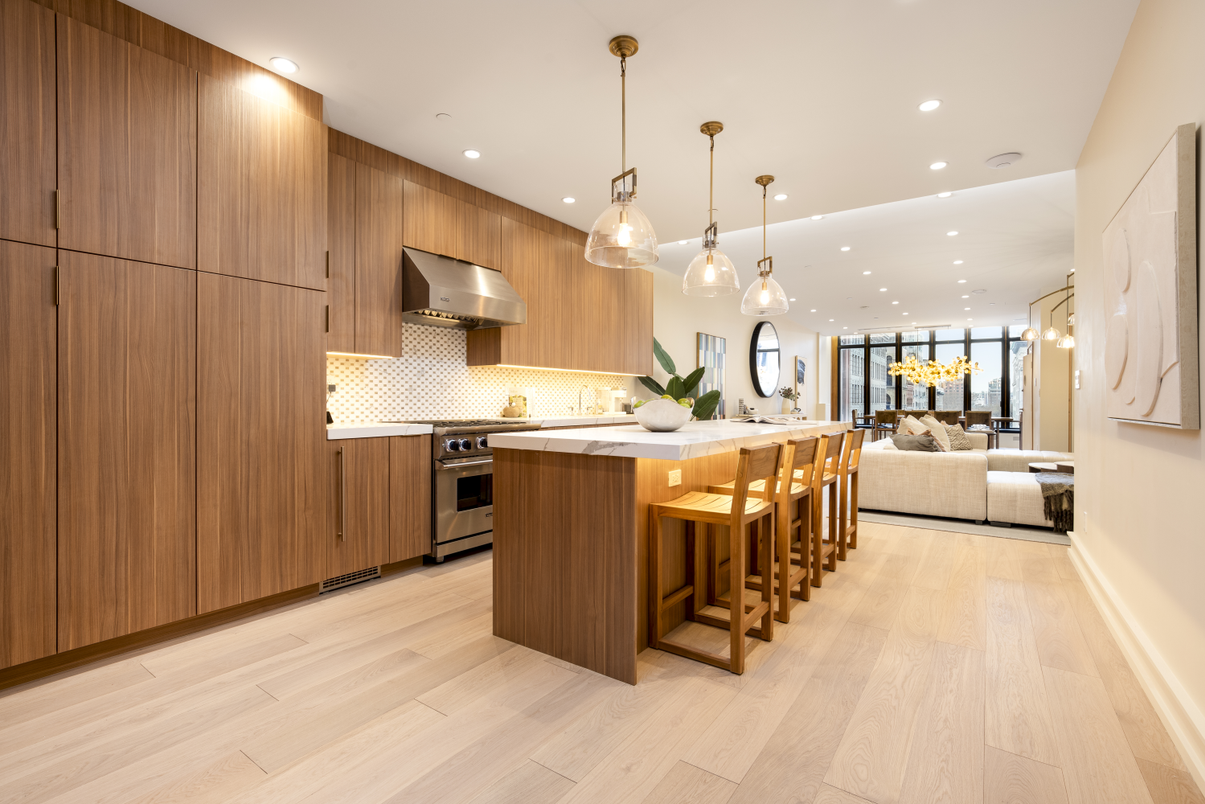 Interior, Kitchen, Living room, Pendant Lights, Recessed Lighting, Stainless Steel Appliances, Wood Texture Flooring