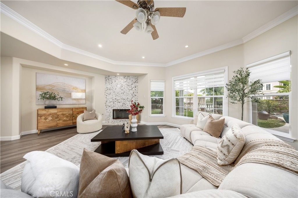 Fireplace, Interior, Living room, Recessed Lighting, Wood Texture Flooring