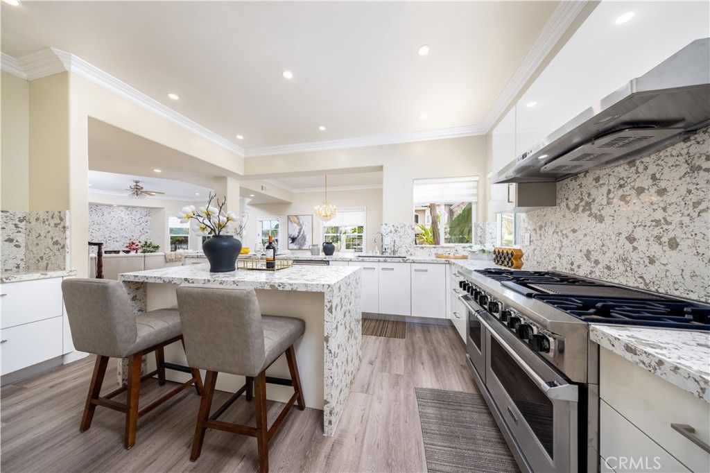 Chandelier, Interior, Kitchen, Recessed Lighting, Stainless Steel Appliances, Wood Texture Flooring