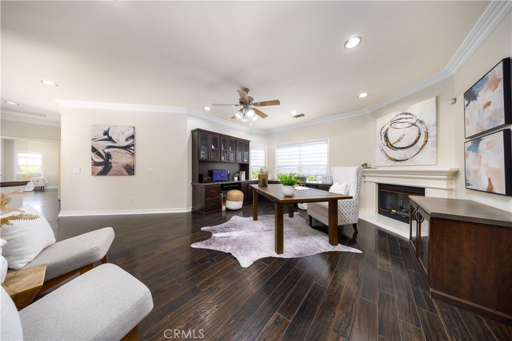 Fireplace, Home Office, Interior, Recessed Lighting, Wood Texture Flooring
