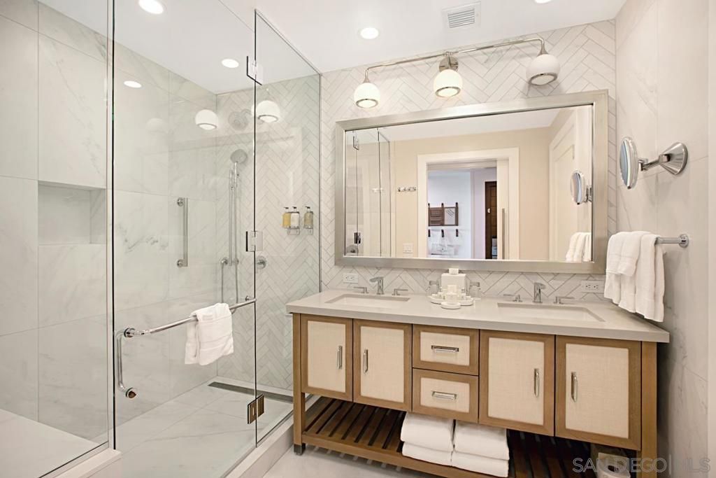 Bathroom, Dual Sink Vanities, Glass Shower, Interior, Marble Walls, Recessed Lighting