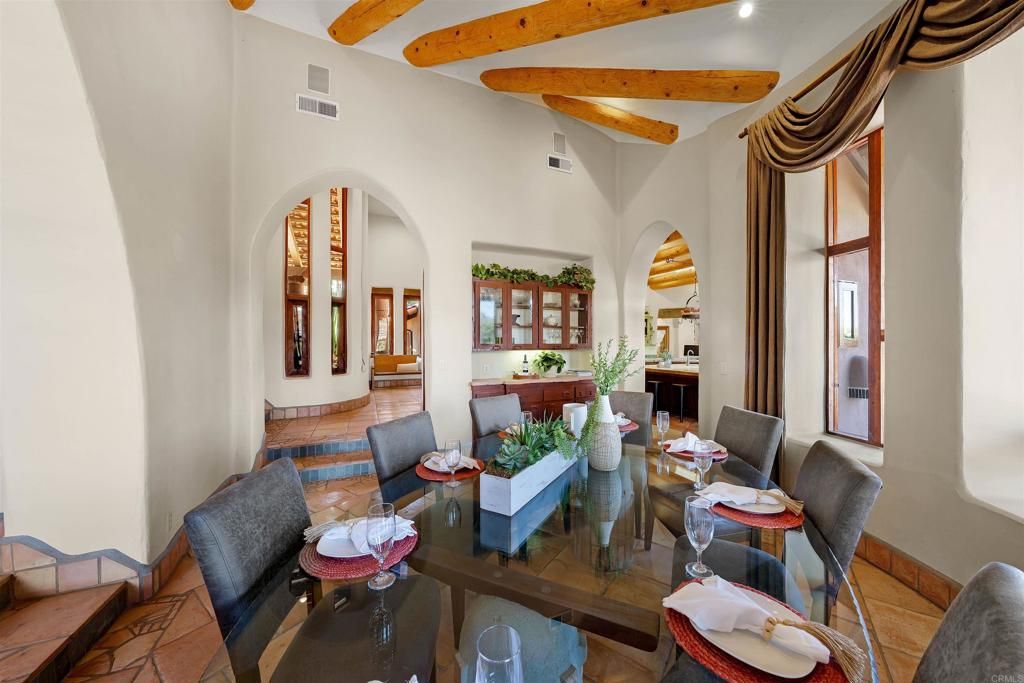 Dining room, Interior, Living room, Recessed Lighting, Wooden Beams
