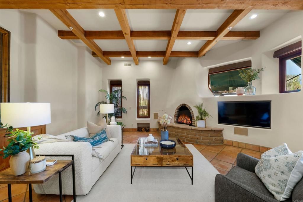 Fireplace, Interior, Living room, Recessed Lighting, Wooden Beams