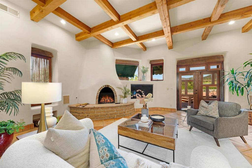 Fireplace, Interior, Living room, Recessed Lighting, Wooden Beams