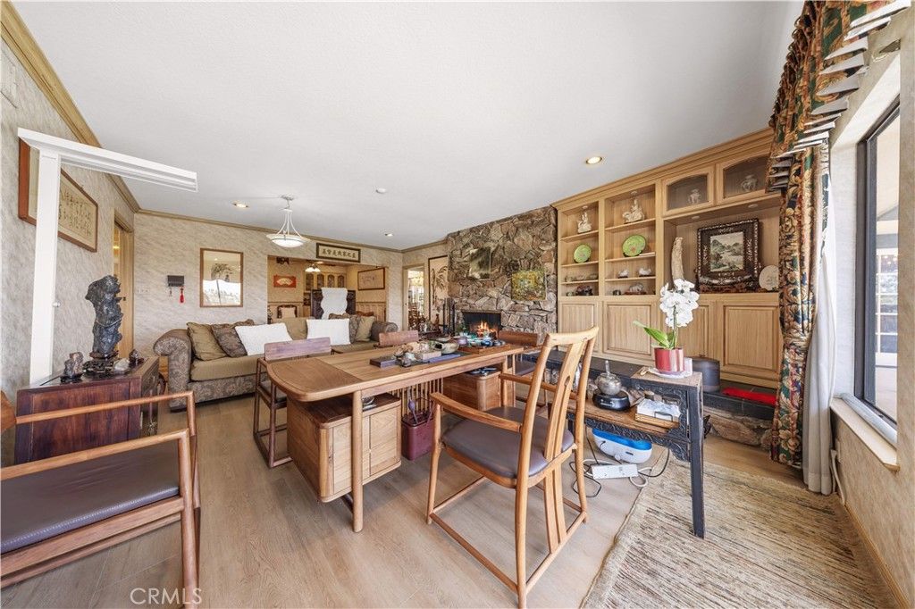 Dining room, Fireplace, Interior, Living room, Pendant Lights, Recessed Lighting, Stone Walls, Wood Texture Flooring