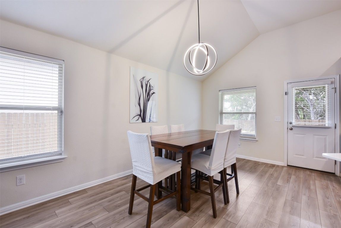 Dining room, Interior, Pendant Lights, Wood Texture Flooring
