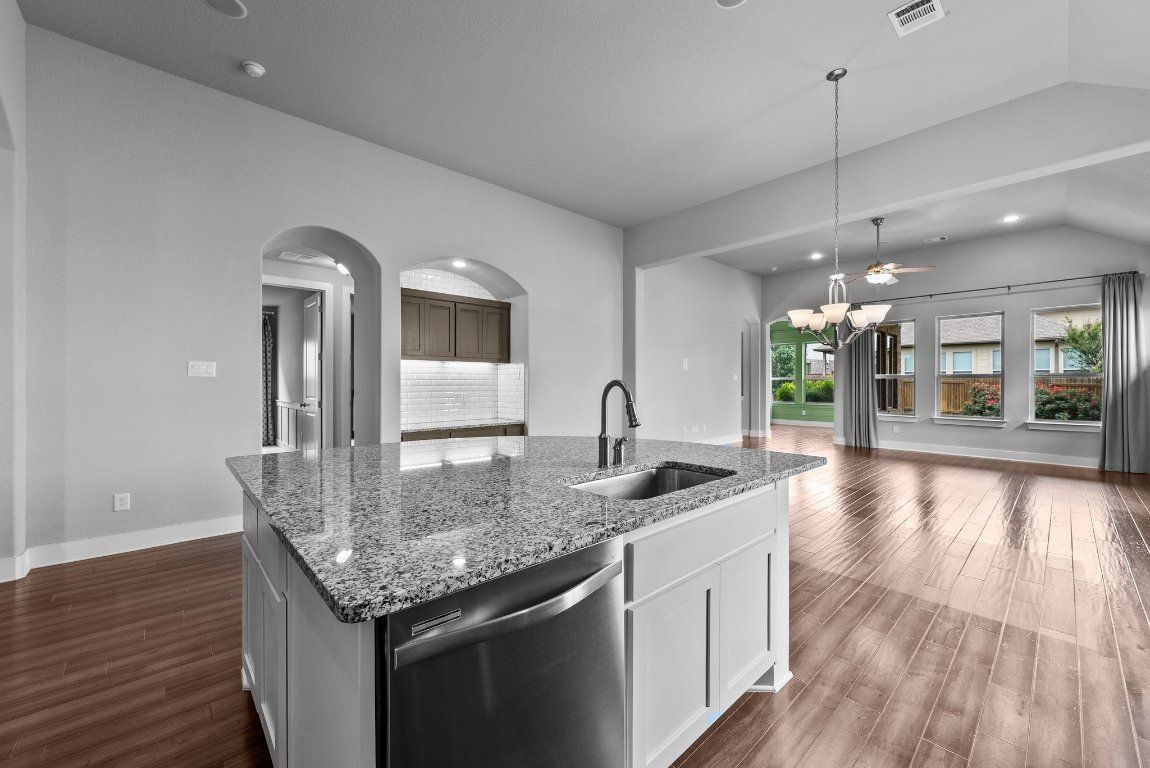 Chandelier, Interior, Kitchen, Recessed Lighting, Stainless Steel Appliances, Wood Texture Flooring