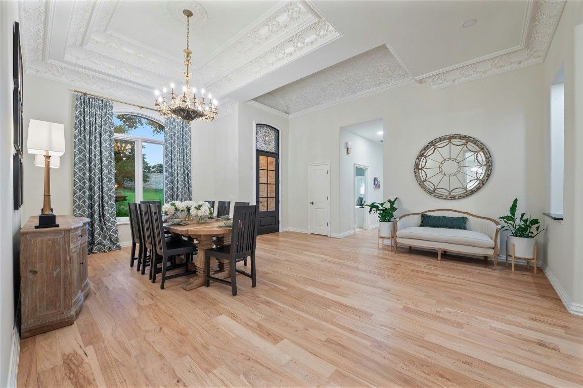 Chandelier, Dining room, Interior, Wood Texture Flooring