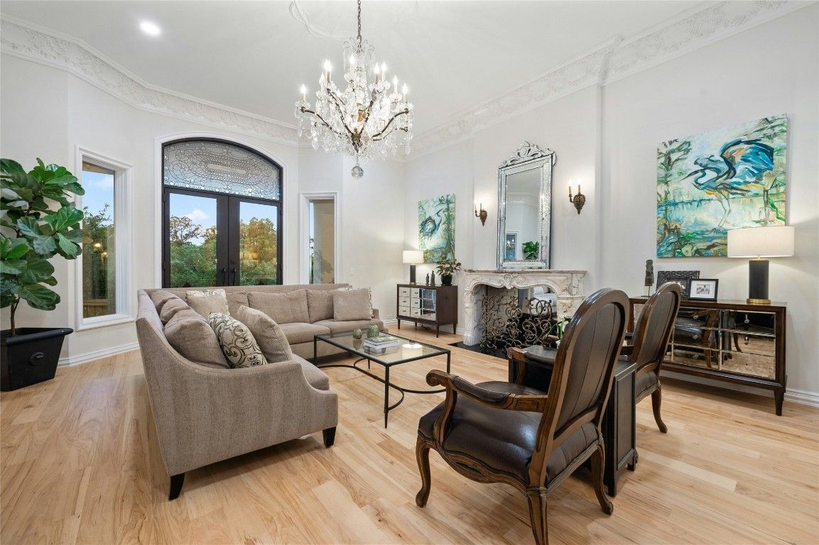Chandelier, Fireplace, Interior, Living room, Recessed Lighting, Wood Texture Flooring