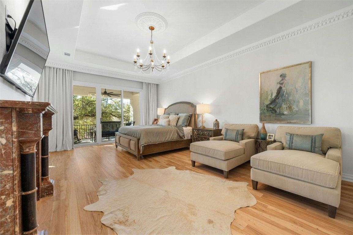 Bedroom, Chandelier, Fireplace, Interior, Wood Texture Flooring