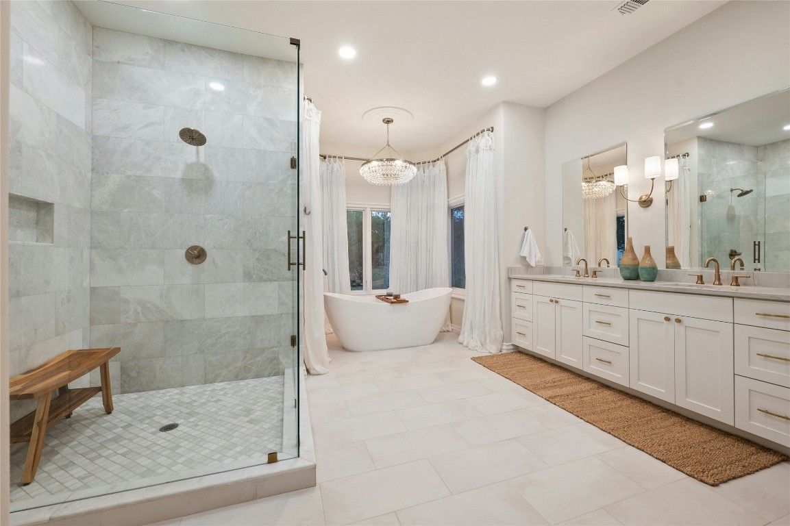 Bathroom, Chandelier, Dual Sink Vanities, Free Standing Baths, Glass Shower, Interior, Recessed Lighting