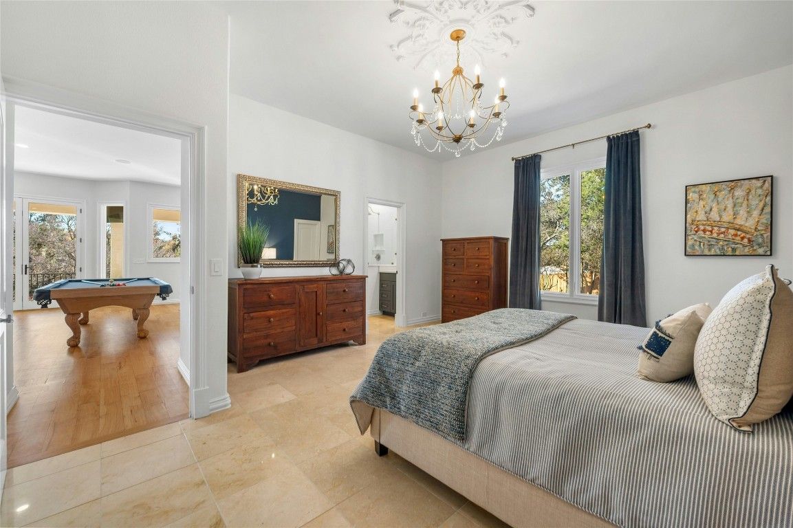 Bedroom, Billiard Table, Chandelier, Game Room, Interior, Wood Texture Flooring