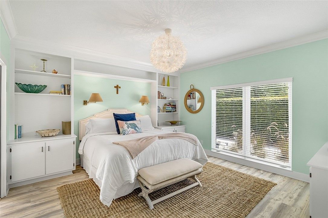Bedroom, Chandelier, Interior, Wood Texture Flooring