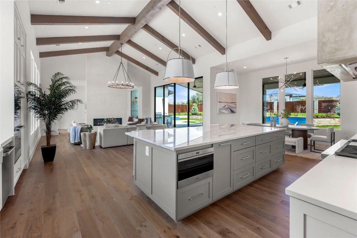 Dining room, Interior, Kitchen, Living room, Pendant Lights, Recessed Lighting, Wooden Beams, Wood Texture Flooring