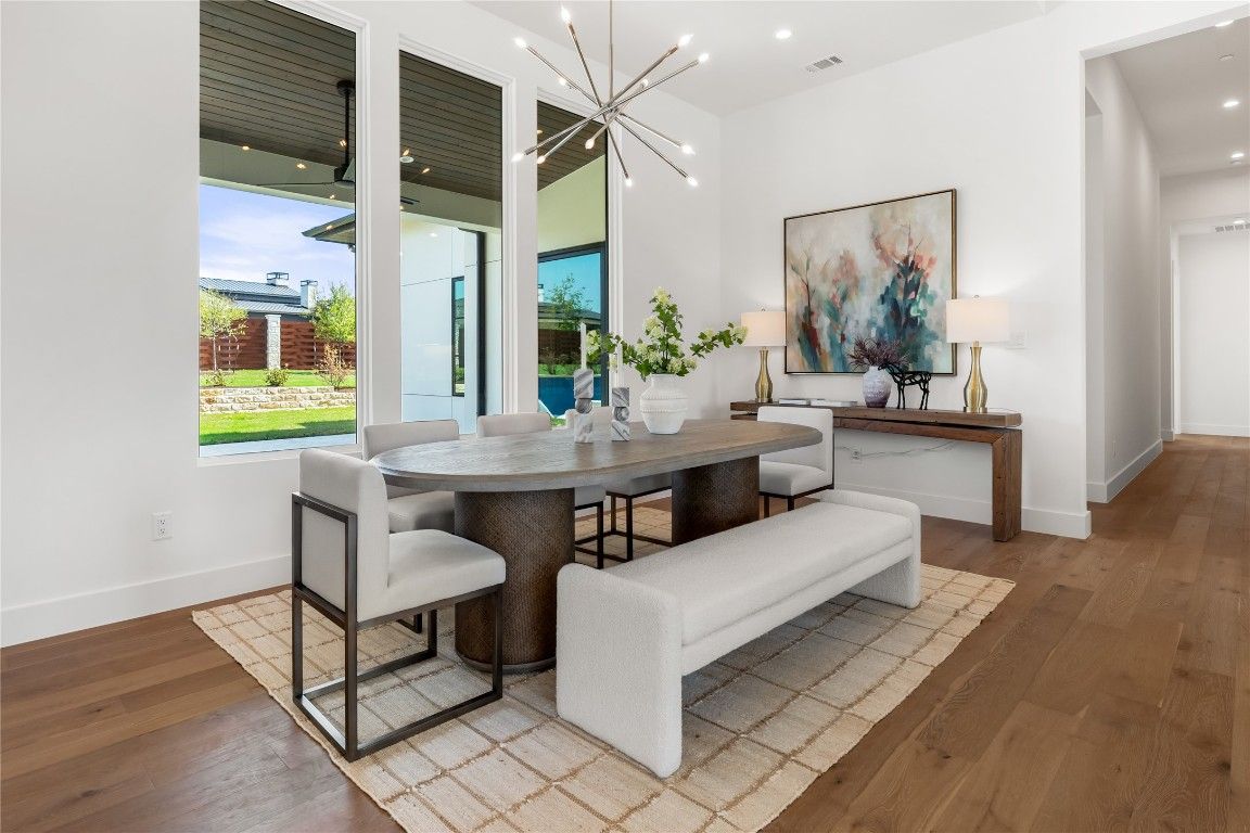 Dining room, Interior, Pendant Lights, Recessed Lighting, Wood Texture Flooring