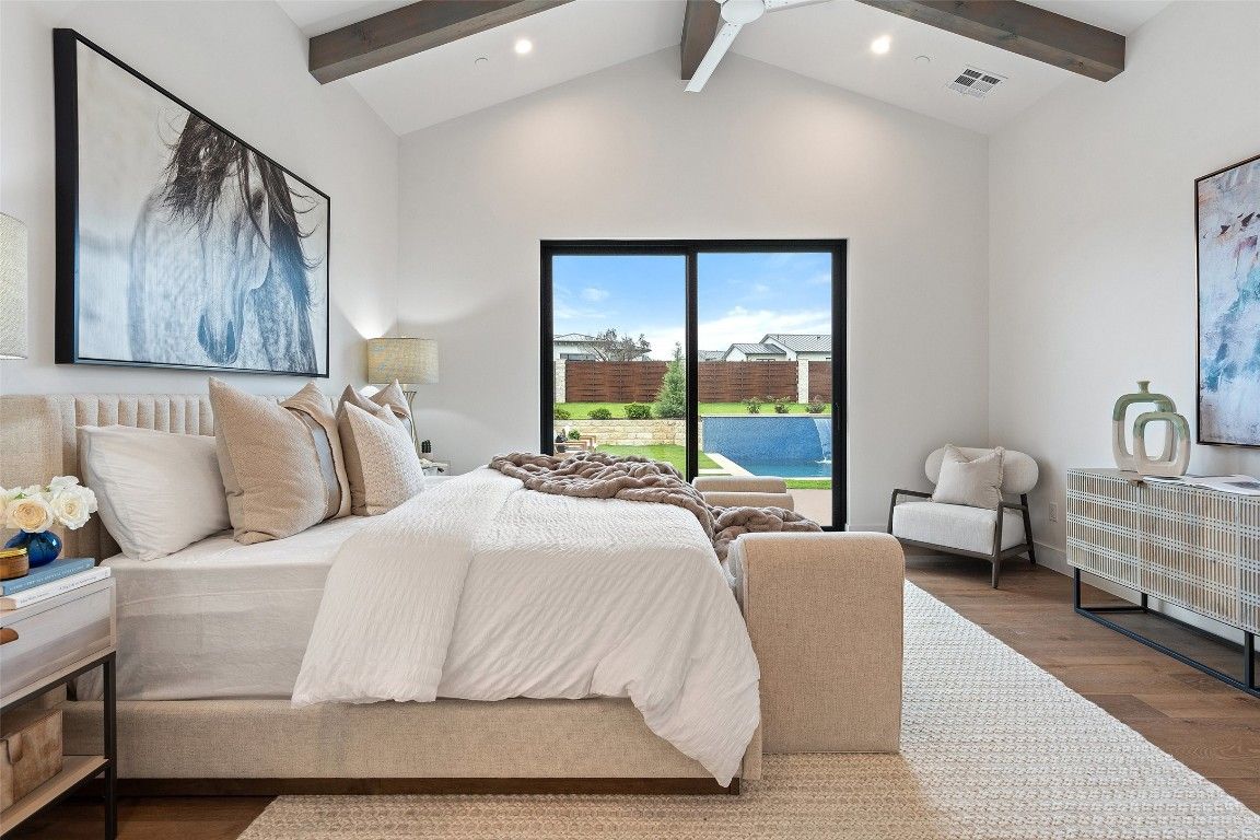 Bedroom, Interior, Recessed Lighting, Wooden Beams, Wood Texture Flooring