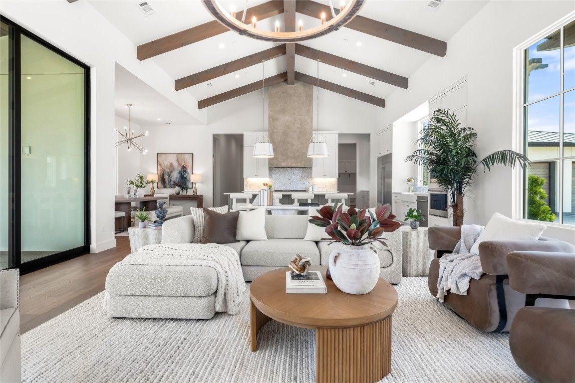 Dining room, Interior, Kitchen, Living room, Pendant Lights, Recessed Lighting, Wooden Beams, Wood Texture Flooring