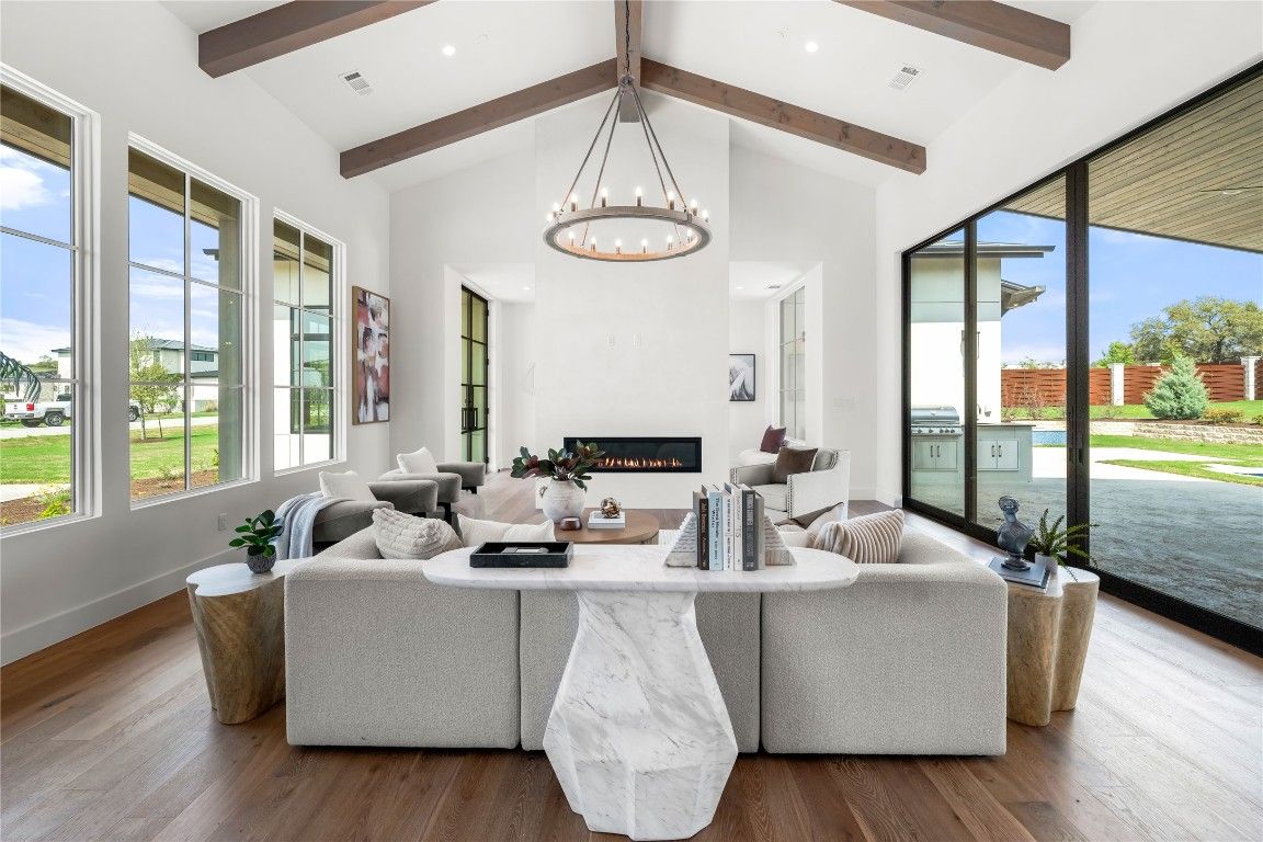 Fireplace, Interior, Living room, Pendant Lights, Recessed Lighting, Wooden Beams, Wood Texture Flooring