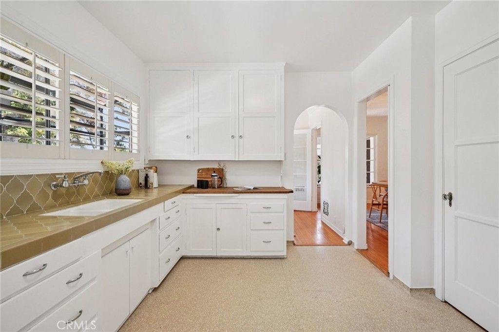 Interior, Kitchen, Tile Countertops, Wood Texture Flooring