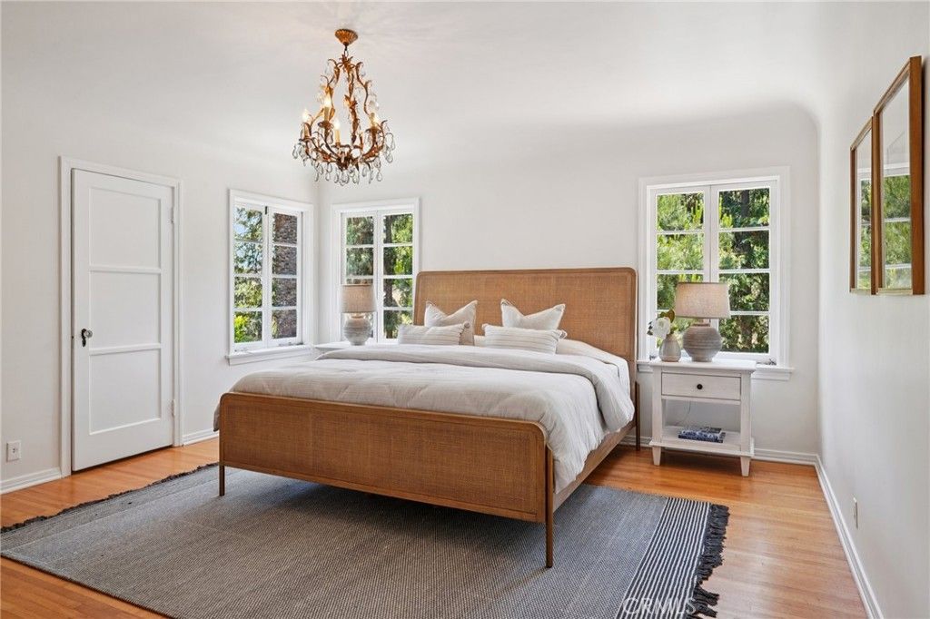 Bedroom, Chandelier, Interior, Wood Texture Flooring