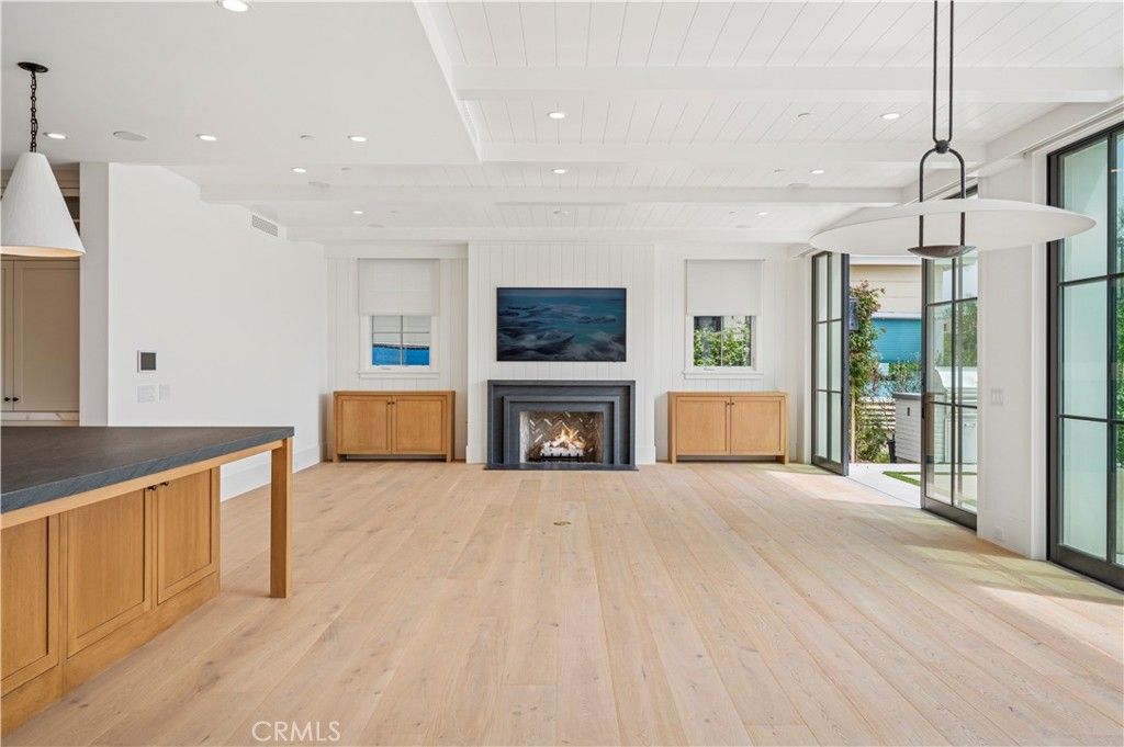 Empty room, Fireplace, Interior, Pendant Lights, Recessed Lighting, Wood Texture Flooring