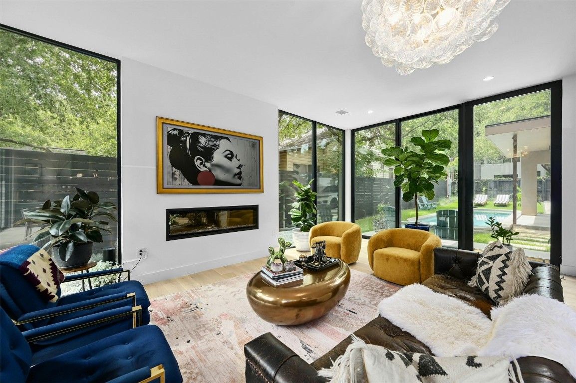 Chandelier, Fireplace, Interior, Living room, Recessed Lighting, Wood Texture Flooring
