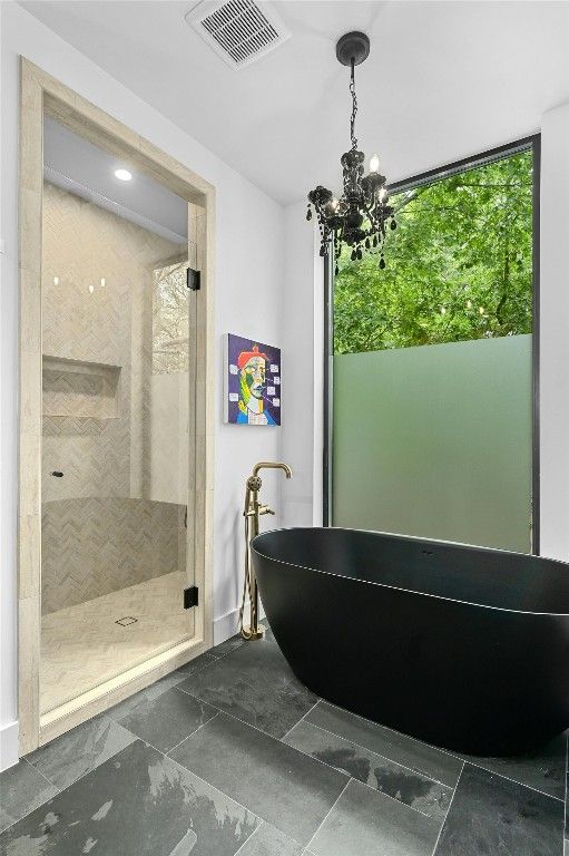 Bathroom, Chandelier, Free Standing Baths, Interior, Recessed Lighting