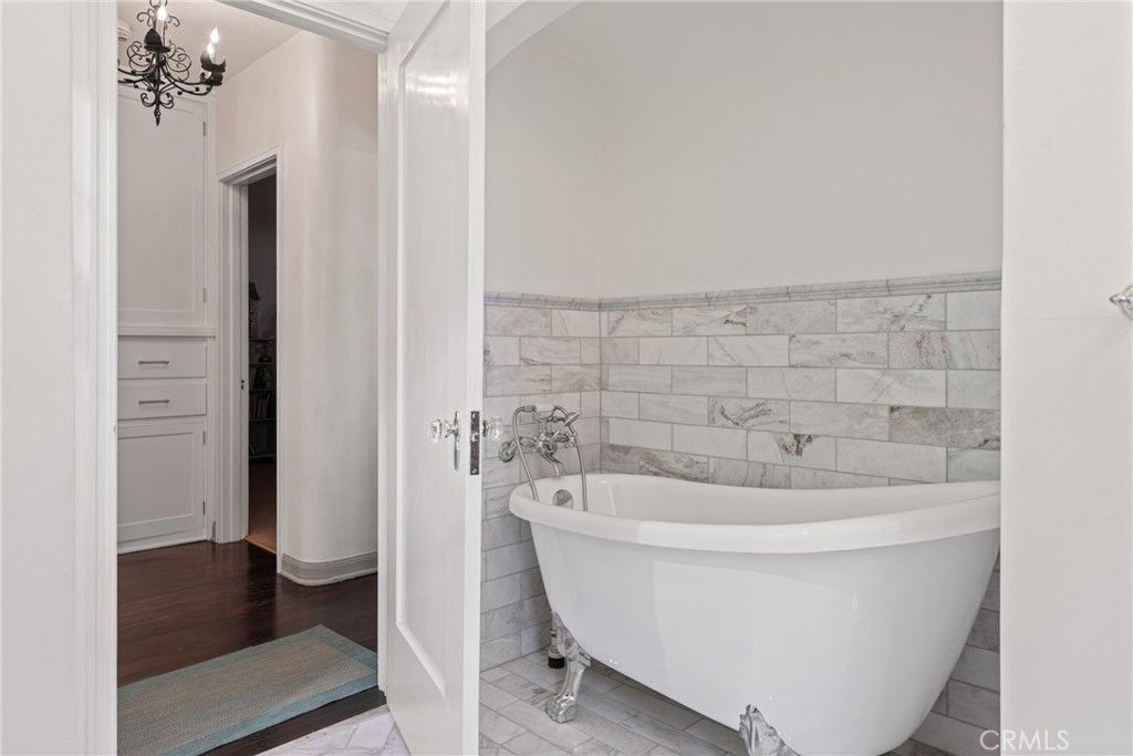 Bathroom, Chandelier, Free Standing Baths, Interior, Wood Texture Flooring