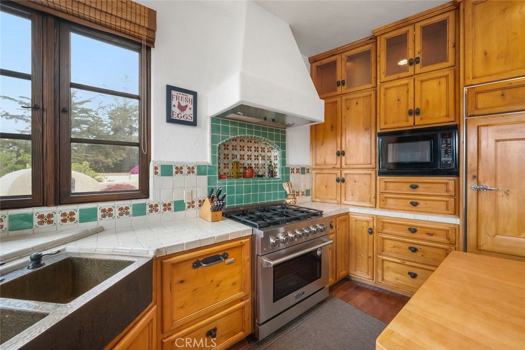 Interior, Kitchen, Tile Countertops, Wood Texture Flooring