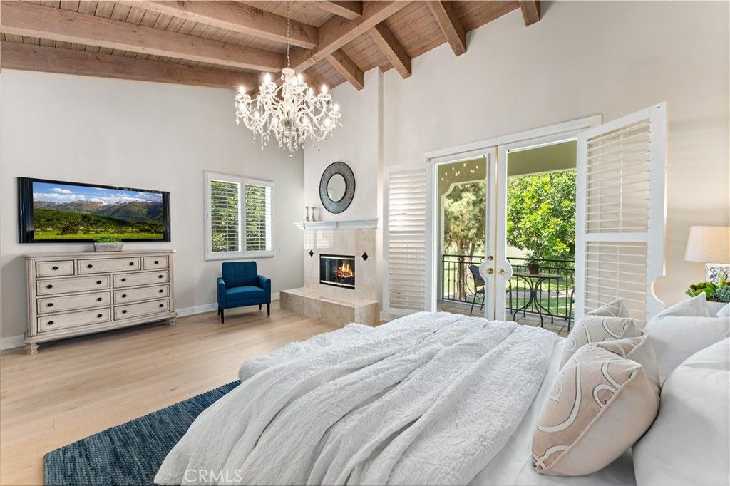 Bedroom, Chandelier, Fireplace, Interior, Wooden Beams, Wooden Ceilings, Wood Texture Flooring
