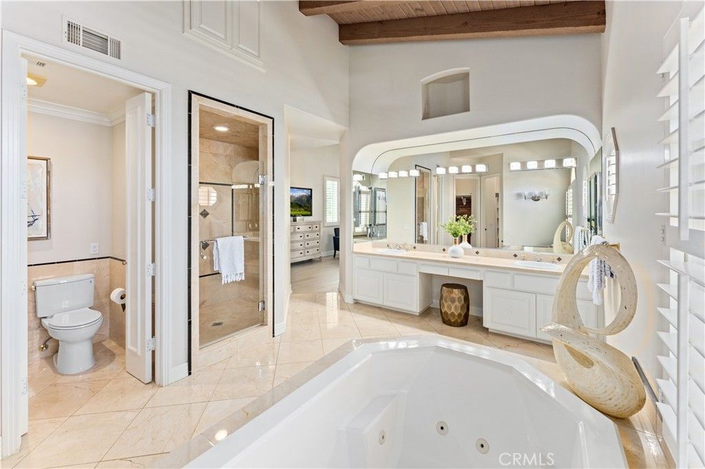 Bathroom, Dual Sink Vanities, Glass Shower, Interior, Wooden Beams, Wooden Ceilings