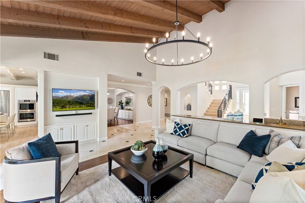 Chandelier, Interior, Living room, Pendant Lights, Recessed Lighting, Wooden Beams, Wooden Ceilings, Wood Texture Flooring