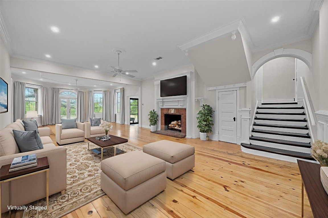 Fireplace, Interior, Living room, Recessed Lighting, Wood Texture Flooring