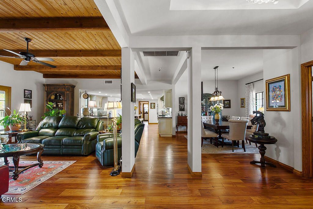 Dining room, Interior, Kitchen, Living room, Pendant Lights, Recessed Lighting, Wooden Beams, Wooden Ceilings, Wood Texture Flooring