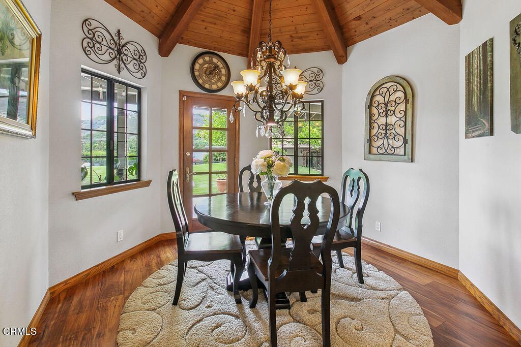 Chandelier, Dining room, Interior, Wooden Beams, Wooden Ceilings, Wood Texture Flooring