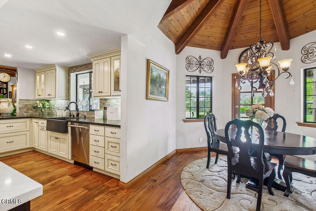 Chandelier, Dining room, Interior, Kitchen, Recessed Lighting, Wooden Beams, Wooden Ceilings, Wood Texture Flooring