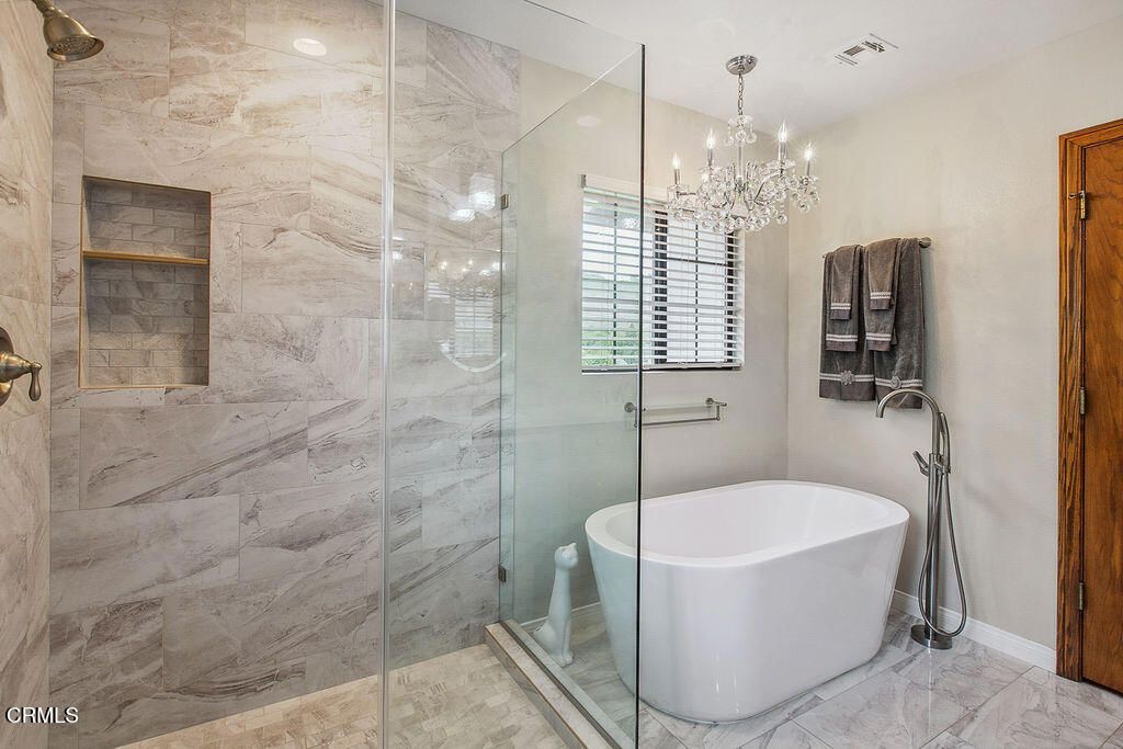 Bathroom, Chandelier, Free Standing Baths, Glass Shower, Interior, Marble, Marble Walls