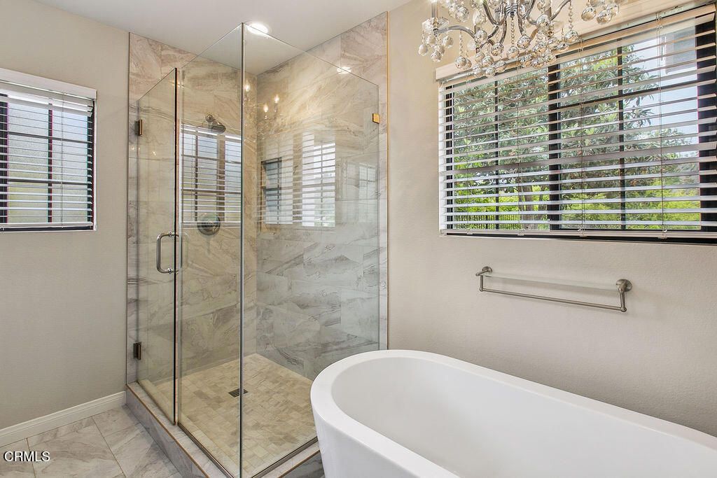 Bathroom, Free Standing Baths, Glass Shower, Interior, Marble Walls, Recessed Lighting