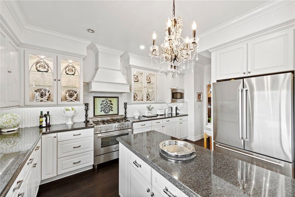 Chandelier, Interior, Kitchen, Recessed Lighting, Stainless Steel Appliances, Wood Texture Flooring