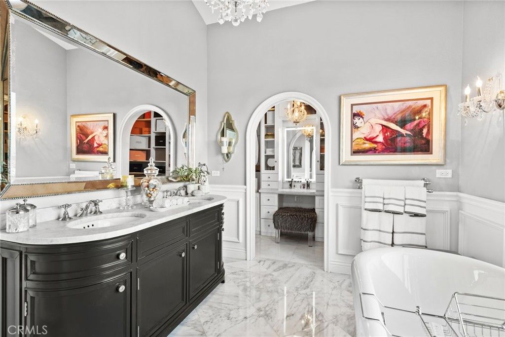 Bathroom, Chandelier, Dual Sink Vanities, Interior, Marble