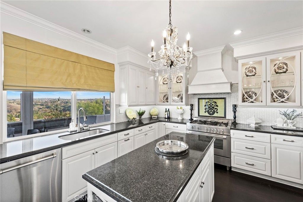 Chandelier, Interior, Kitchen, Recessed Lighting, Stainless Steel Appliances, Wood Texture Flooring